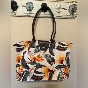 Floral Print Tote Bag with Brown Accents